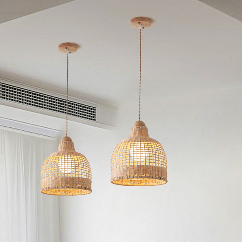 Traditional Japanese Cylinder Hemisphere Disc Base Rattan Bamboo 1-Ligth Pendant Light For Bedroom