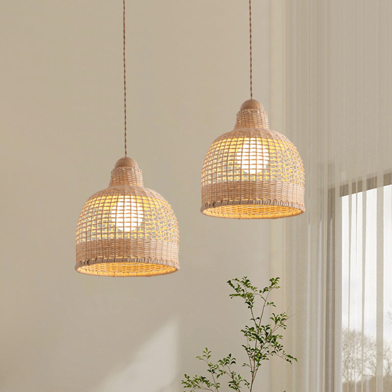 Traditional Japanese Cylinder Hemisphere Disc Base Rattan Bamboo 1-Ligth Pendant Light For Bedroom