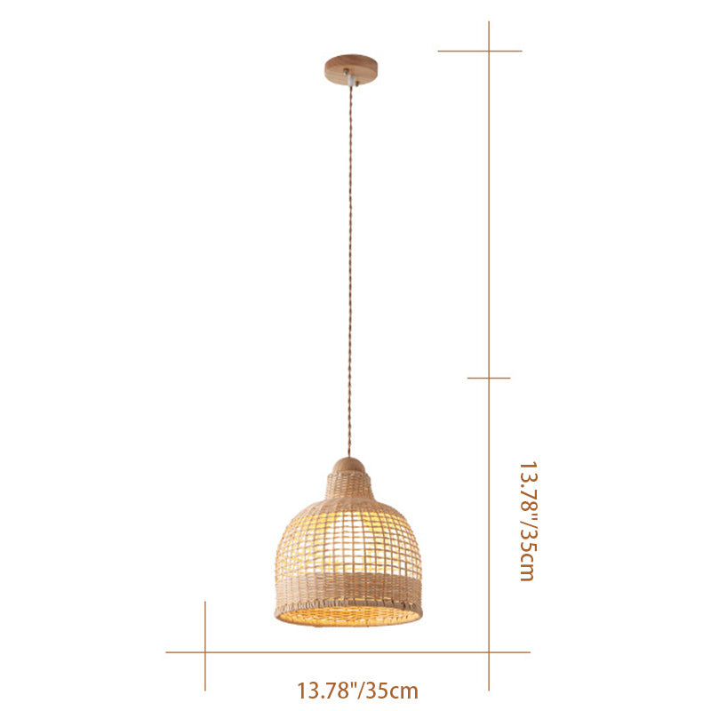 Traditional Japanese Cylinder Hemisphere Disc Base Rattan Bamboo 1-Ligth Pendant Light For Bedroom
