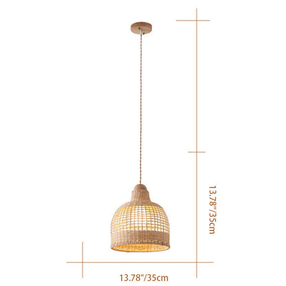 Traditional Japanese Cylinder Hemisphere Disc Base Rattan Bamboo 1-Ligth Pendant Light For Bedroom