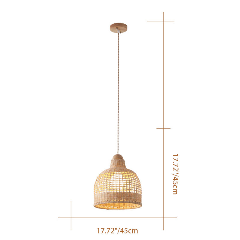 Traditional Japanese Cylinder Hemisphere Disc Base Rattan Bamboo 1-Ligth Pendant Light For Bedroom