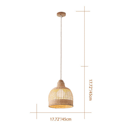 Traditional Japanese Cylinder Hemisphere Disc Base Rattan Bamboo 1-Ligth Pendant Light For Bedroom