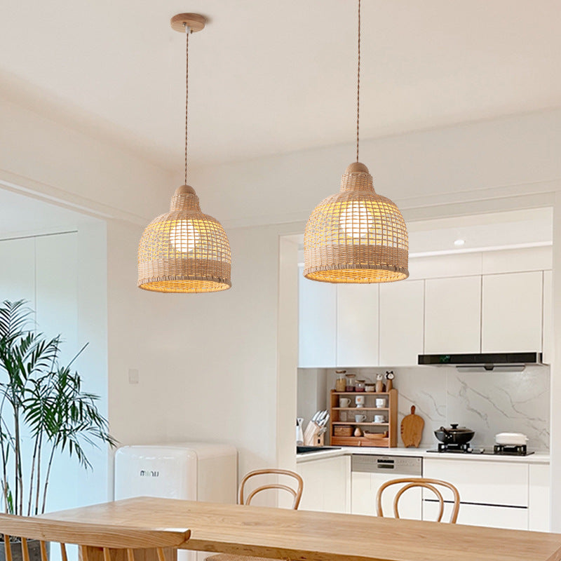 Traditional Japanese Cylinder Hemisphere Disc Base Rattan Bamboo 1-Ligth Pendant Light For Bedroom