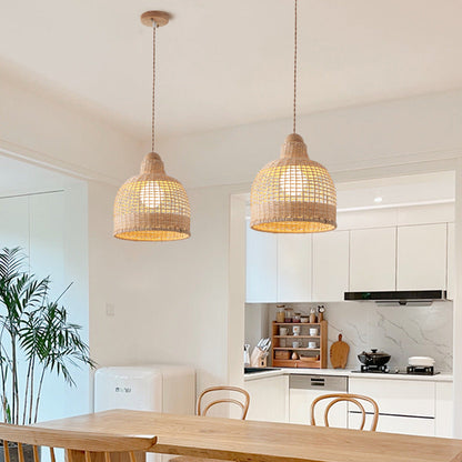 Traditional Japanese Cylinder Hemisphere Disc Base Rattan Bamboo 1-Ligth Pendant Light For Bedroom
