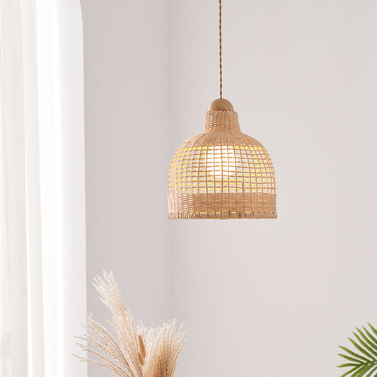 Traditional Japanese Cylinder Hemisphere Disc Base Rattan Bamboo 1-Ligth Pendant Light For Bedroom
