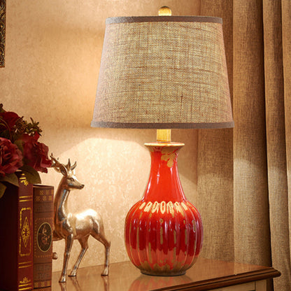 Traditional Vintage Cylindrical Round Table Bottle Vertical Ceramic Fabric 1-Light Table Lamp For Bedroom
