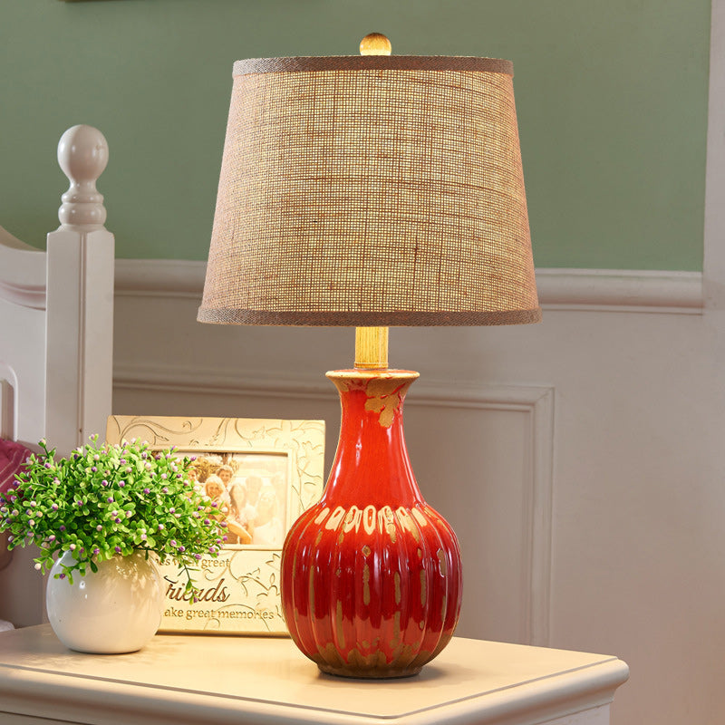 Traditional Vintage Cylindrical Round Table Bottle Vertical Ceramic Fabric 1-Light Table Lamp For Bedroom