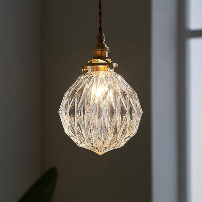 Traditional Vintage Diamond Sphere Cylinder Brass Glass 1-Light Pendant Light For Bedroom