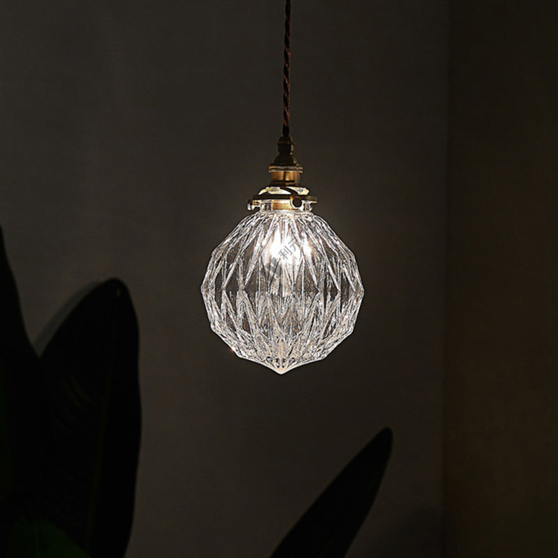 Traditional Vintage Diamond Sphere Cylinder Brass Glass 1-Light Pendant Light For Bedroom