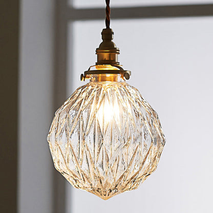 Traditional Vintage Diamond Sphere Cylinder Brass Glass 1-Light Pendant Light For Bedroom
