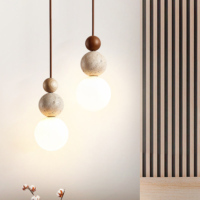 Traditional Vintage Spherical Multi Tier Solid Wood Yellow Travertine Glass 1-Light Pendant Light For Bedroom