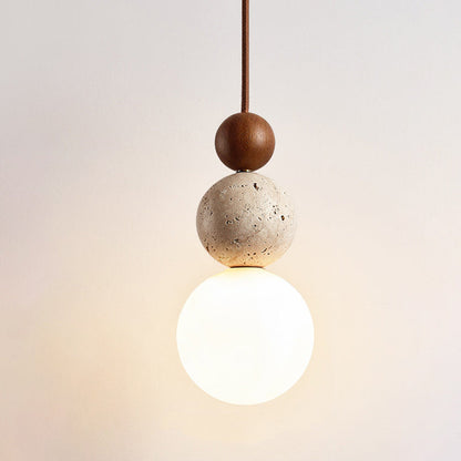 Traditional Vintage Spherical Multi Tier Solid Wood Yellow Travertine Glass 1-Light Pendant Light For Bedroom