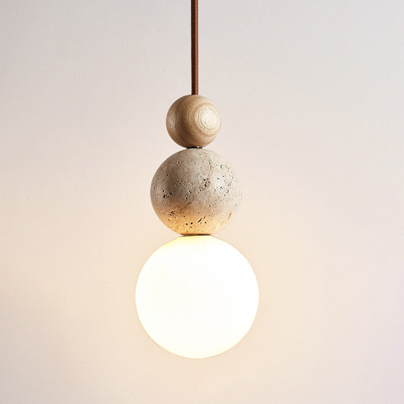 Traditional Vintage Spherical Multi Tier Solid Wood Yellow Travertine Glass 1-Light Pendant Light For Bedroom