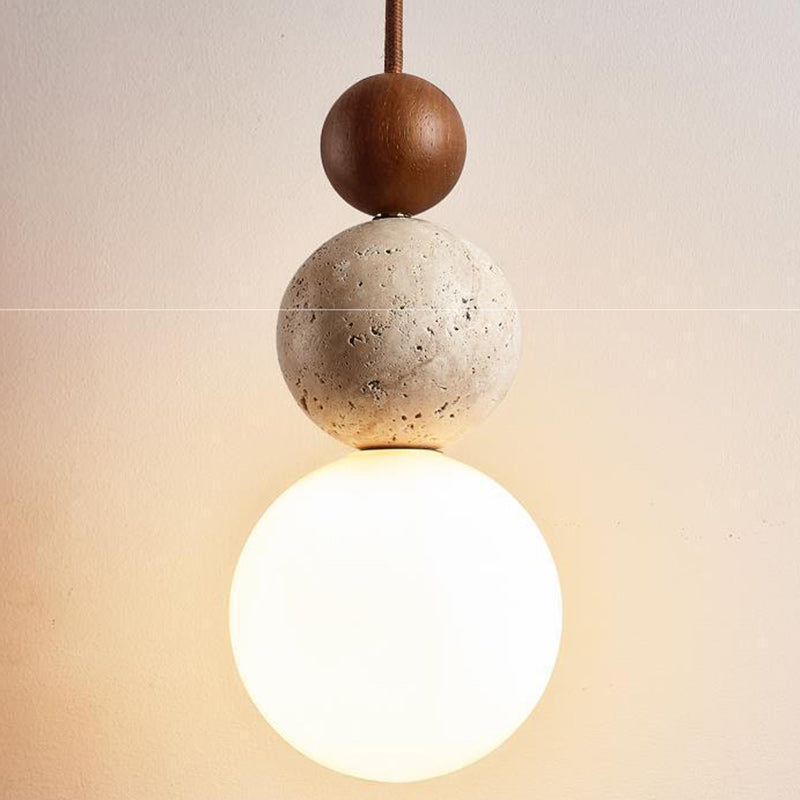 Traditional Vintage Spherical Multi Tier Solid Wood Yellow Travertine Glass 1-Light Pendant Light For Bedroom