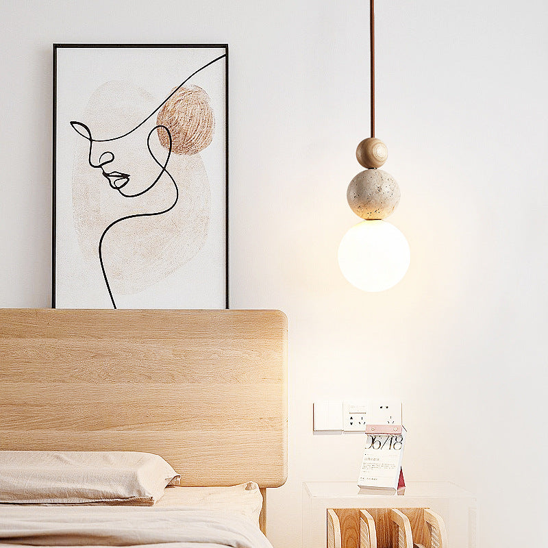 Traditional Vintage Spherical Multi Tier Solid Wood Yellow Travertine Glass 1-Light Pendant Light For Bedroom