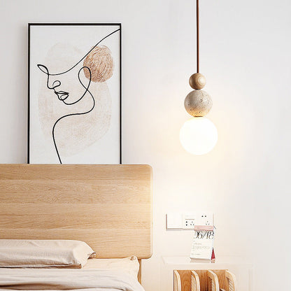 Traditional Vintage Spherical Multi Tier Solid Wood Yellow Travertine Glass 1-Light Pendant Light For Bedroom