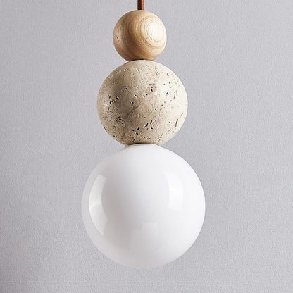 Traditional Vintage Spherical Multi Tier Solid Wood Yellow Travertine Glass 1-Light Pendant Light For Bedroom