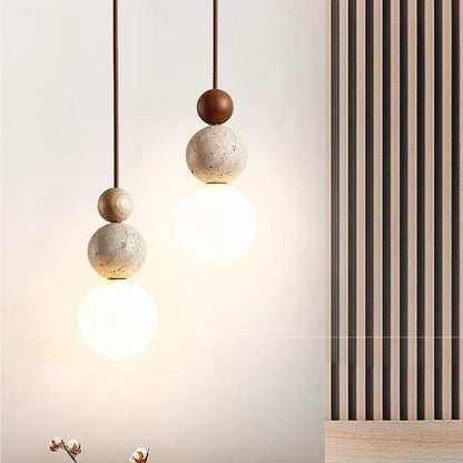 Traditional Vintage Spherical Multi Tier Solid Wood Yellow Travertine Glass 1-Light Pendant Light For Bedroom