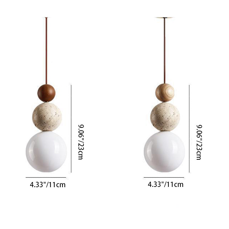 Traditional Vintage Spherical Multi Tier Solid Wood Yellow Travertine Glass 1-Light Pendant Light For Bedroom