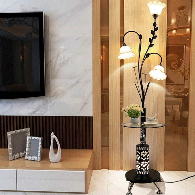 Contemporary Scandinavian Round Cylinder Flower Chandelier Iron Glass 3-Light Standing Floor Lamp For Living Room