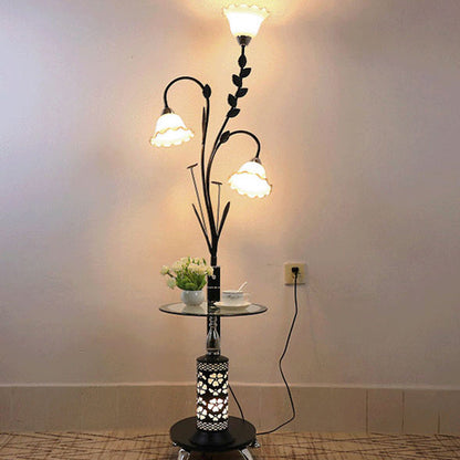 Contemporary Scandinavian Round Cylinder Flower Chandelier Iron Glass 3-Light Standing Floor Lamp For Living Room