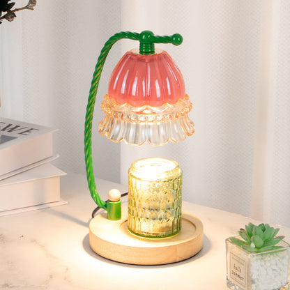 Contemporary Scandinavian Cylinder Bellflower Disc Base Wood Glass 1-Light Melting Wax Table Lamp For Bedroom