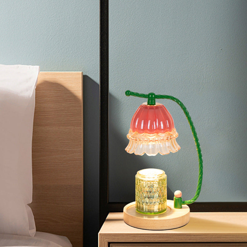 Contemporary Scandinavian Cylinder Bellflower Disc Base Wood Glass 1-Light Melting Wax Table Lamp For Bedroom