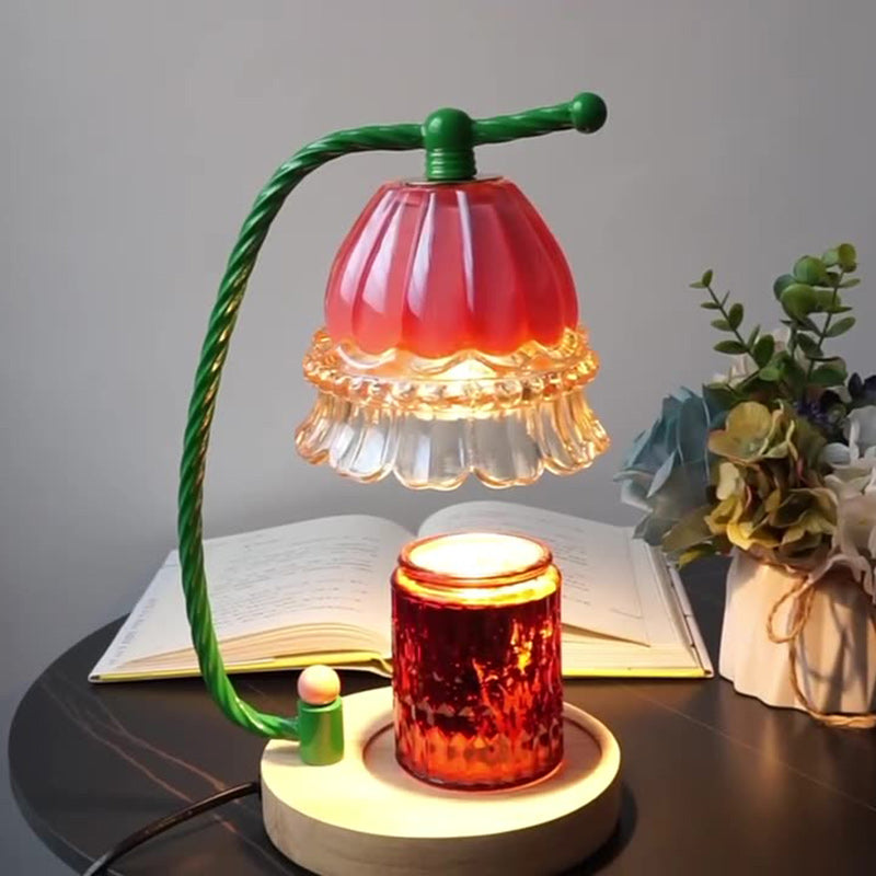 Contemporary Scandinavian Cylinder Bellflower Disc Base Wood Glass 1-Light Melting Wax Table Lamp For Bedroom