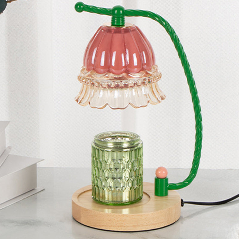 Contemporary Scandinavian Cylinder Bellflower Disc Base Wood Glass 1-Light Melting Wax Table Lamp For Bedroom