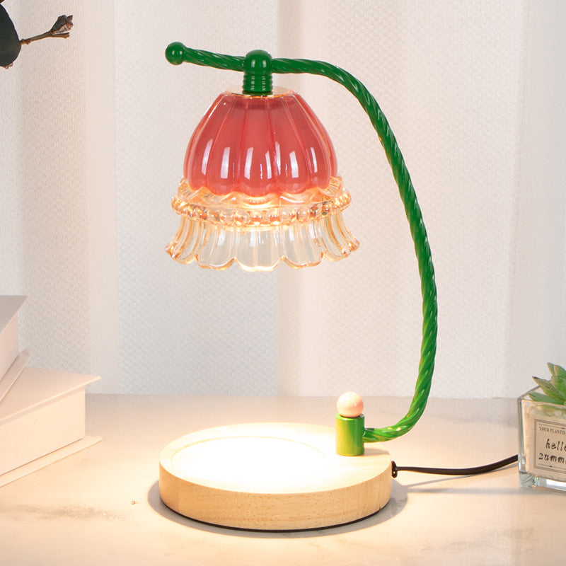 Contemporary Scandinavian Cylinder Bellflower Disc Base Wood Glass 1-Light Melting Wax Table Lamp For Bedroom