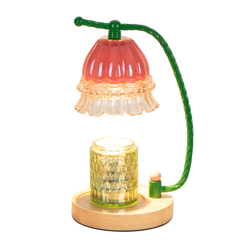Contemporary Scandinavian Cylinder Bellflower Disc Base Wood Glass 1-Light Melting Wax Table Lamp For Bedroom