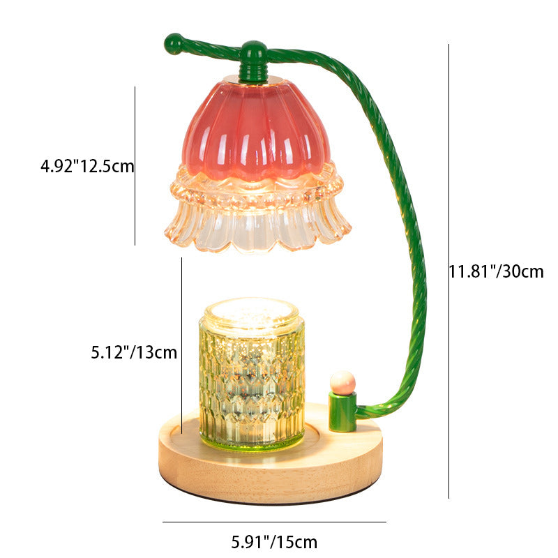 Contemporary Scandinavian Cylinder Bellflower Disc Base Wood Glass 1-Light Melting Wax Table Lamp For Bedroom
