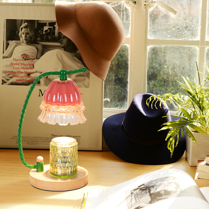 Contemporary Scandinavian Cylinder Bellflower Disc Base Wood Glass 1-Light Melting Wax Table Lamp For Bedroom