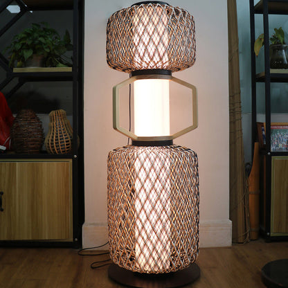 Traditional Japanese Cylinder Lantern Mesh Iron Solid Wood Rattan LED Standing Floor Lamp For Living Room
