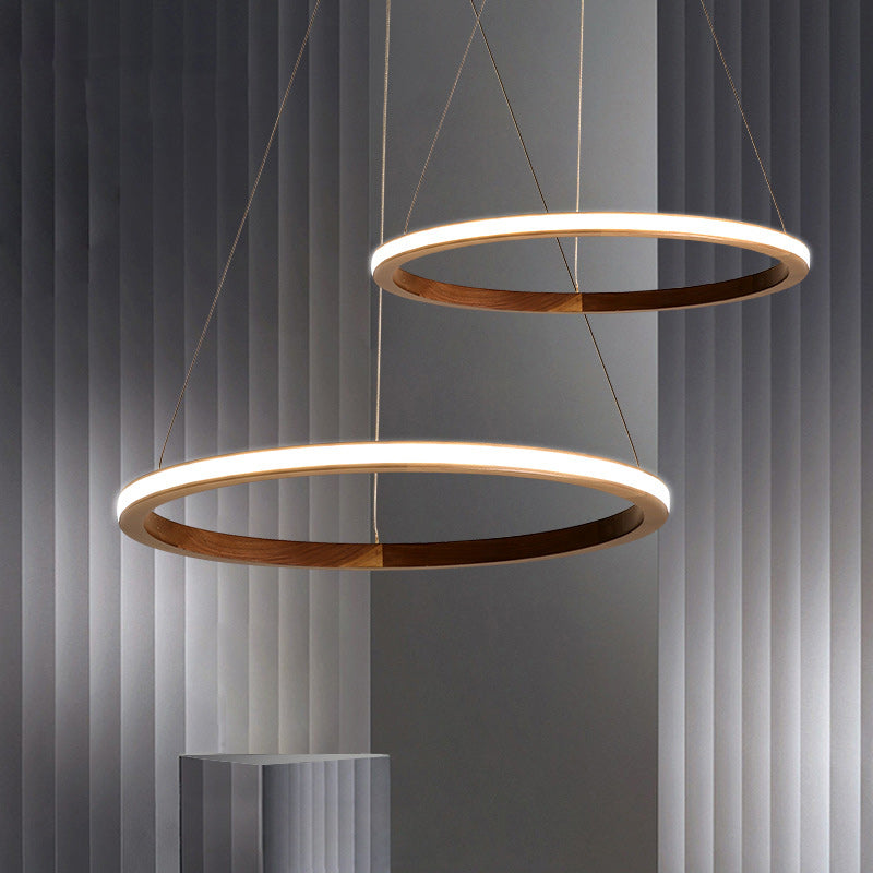 Contemporary Scandinavian Circle Multi-Layer Solid Wood Acrylic LED Island Light Pendant Light For Living Room