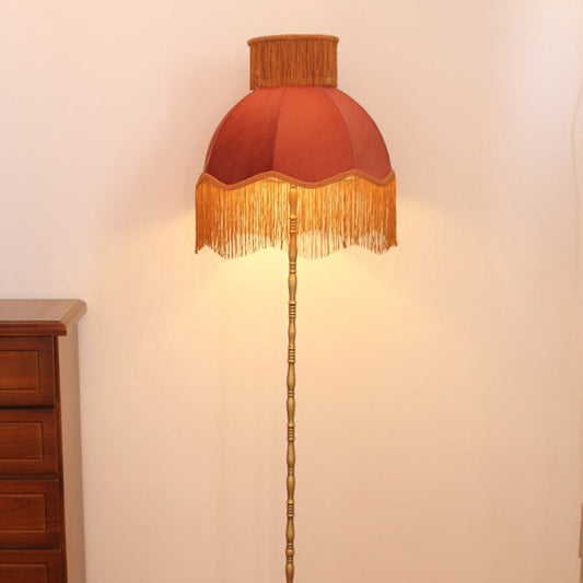 Traditional Vintage Cylinder Semicircle Tassel Fabric Copper 1-Light Standing Floor Lamp For Living Room