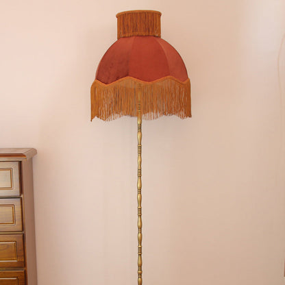 Traditional Vintage Cylinder Semicircle Tassel Fabric Copper 1-Light Standing Floor Lamp For Living Room