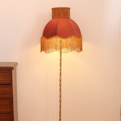 Traditional Vintage Cylinder Semicircle Tassel Fabric Copper 1-Light Standing Floor Lamp For Living Room