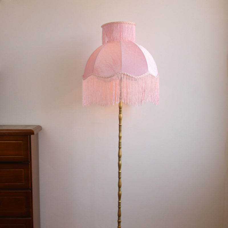 Traditional Vintage Cylinder Semicircle Tassel Fabric Copper 1-Light Standing Floor Lamp For Living Room