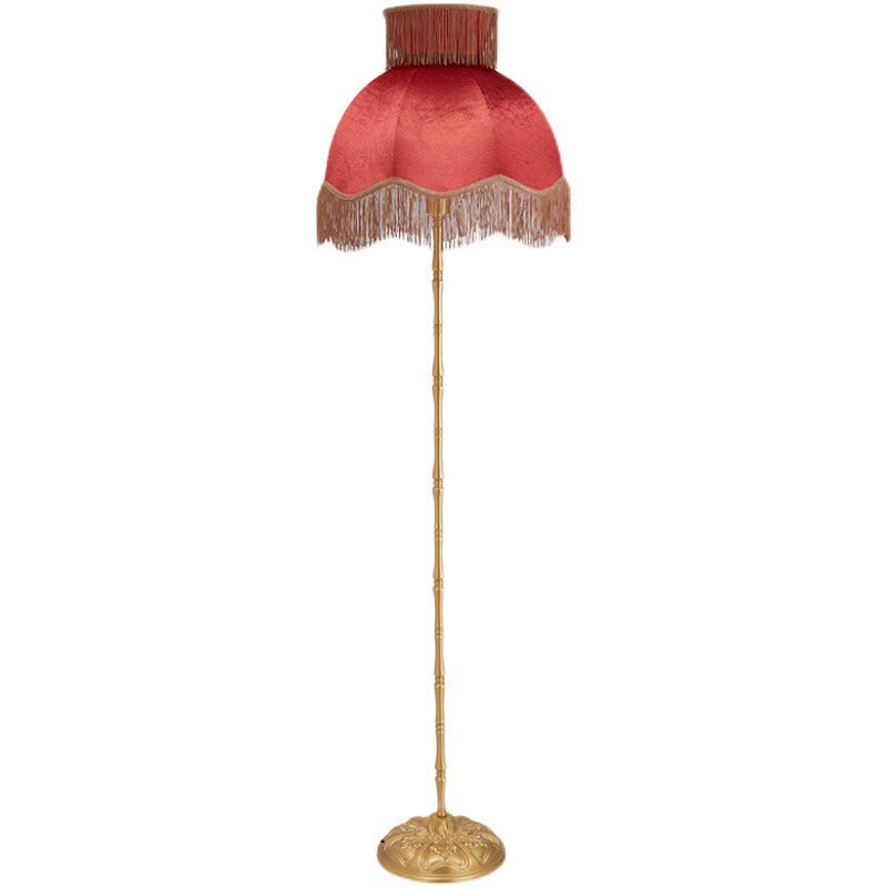 Traditional Vintage Cylinder Semicircle Tassel Fabric Copper 1-Light Standing Floor Lamp For Living Room
