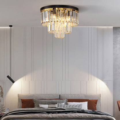 Modern Luxury Round Multi-Level Rectangle Crystal Iron 6-Light Semi-Flush Mount Ceiling Light For Living Room