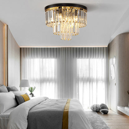 Modern Luxury Round Multi-Level Rectangle Crystal Iron 6-Light Semi-Flush Mount Ceiling Light For Living Room