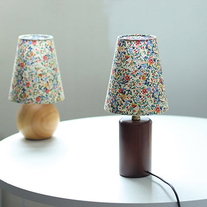 Traditional Vintage Cylinder Ball Round Table Floral Solid Wood Fabric 1-Light Table Lamp For Bedroom