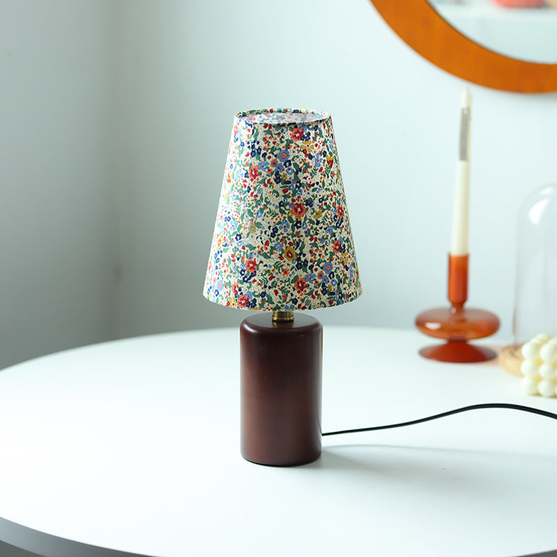 Traditional Vintage Cylinder Ball Round Table Floral Solid Wood Fabric 1-Light Table Lamp For Bedroom