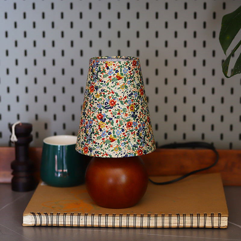 Traditional Vintage Cylinder Ball Round Table Floral Solid Wood Fabric 1-Light Table Lamp For Bedroom