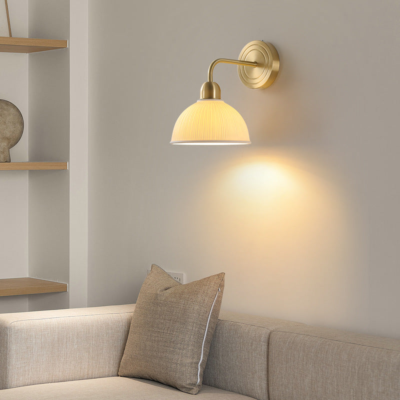 Modern Minimalist Half Circle Striped Disc Base Copper Ceramic 1-Light Wall Sconce Lamp For Bedroom