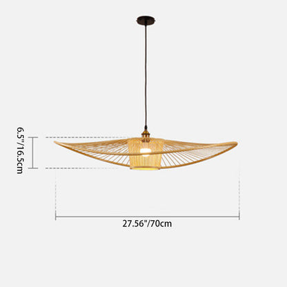 Traditional Japanese Cylinder Curved Hat Strip Rattan Bamboo 1-Light Pendant Light For Bedroom