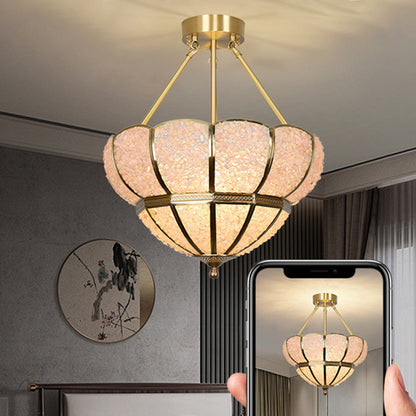 Traditional Vintage Semicircle Umbrella Copper Crystal 3-Light Pendant Light For Living Room