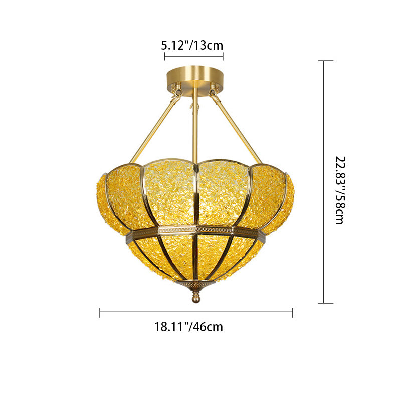 Traditional Vintage Semicircle Umbrella Copper Crystal 3-Light Pendant Light For Living Room