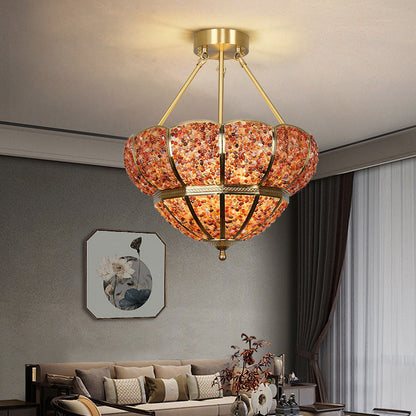 Traditional Vintage Semicircle Umbrella Copper Crystal 3-Light Pendant Light For Living Room